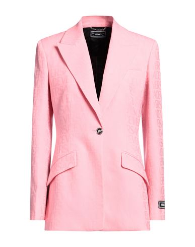 Versace Pink Single-breasted Jacket With All-over Tonal Logo Lettering Print In Wool Woman In Pink